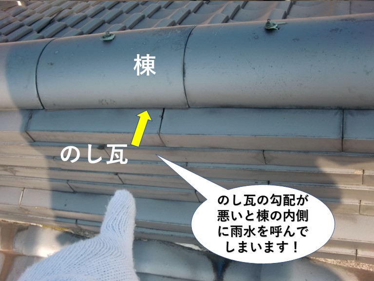 貝塚市ののし瓦の勾配が悪い可能性があります