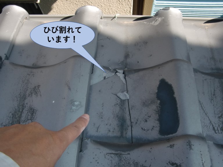 泉大津市の下屋の瓦がひび割れています