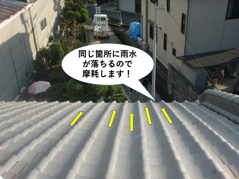 泉北郡忠岡町の軒樋・同じ箇所に雨水が落ちるので銅製の樋が摩耗します