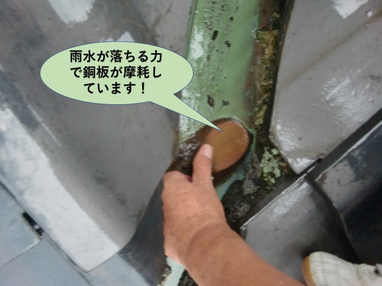 岸和田市の雨水が落ちる力で銅板が摩耗しています