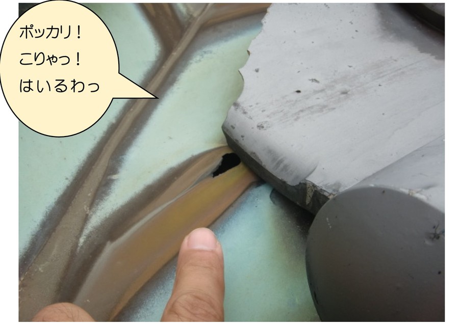 谷樋の銅板に穴アキありで、雨漏りします