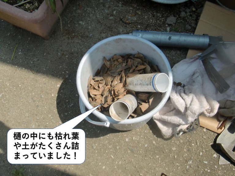 岸和田市の樋の中にも枯れ葉や土がたくさん詰まっていました