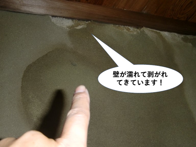 貝塚市の壁が濡れて剥がれてきています