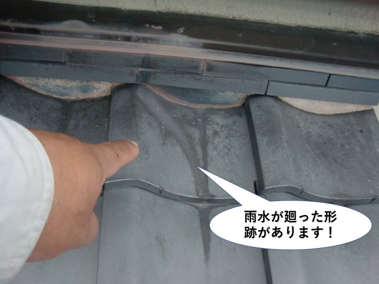 岸和田市の下屋の壁際から雨水が廻った形跡があります