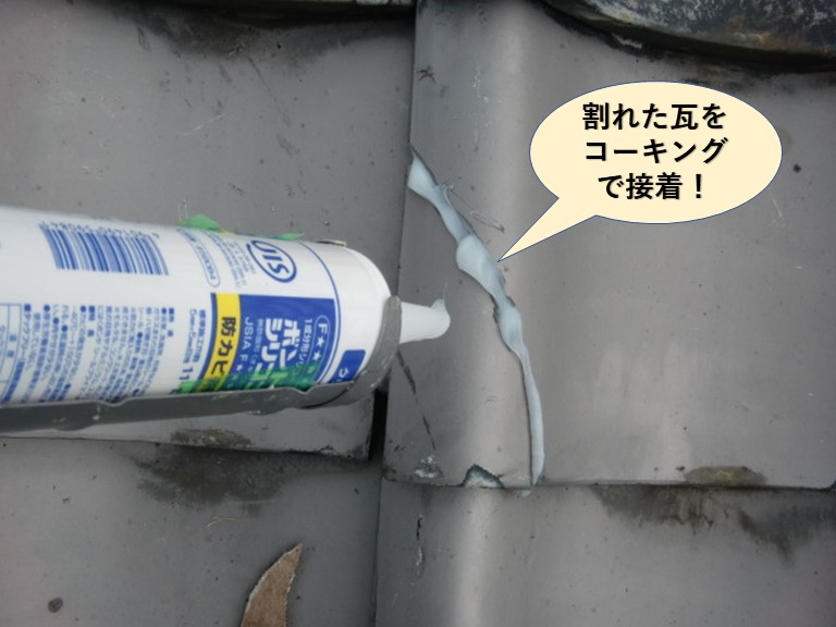 貝塚市の割れた瓦をコーキングで接着