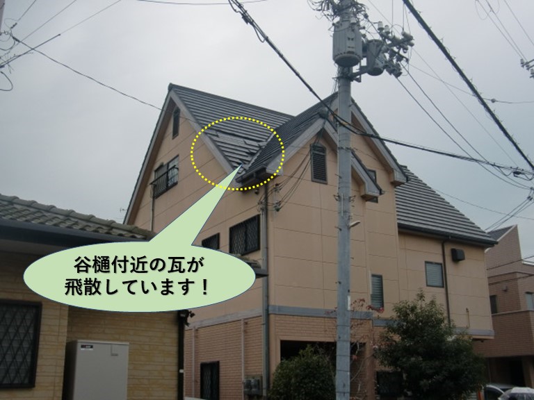 忠岡町の谷樋付近の瓦が飛散
