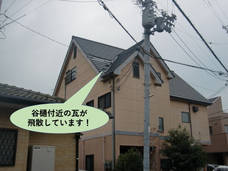 忠岡町の屋根の谷樋付近の瓦が飛散
