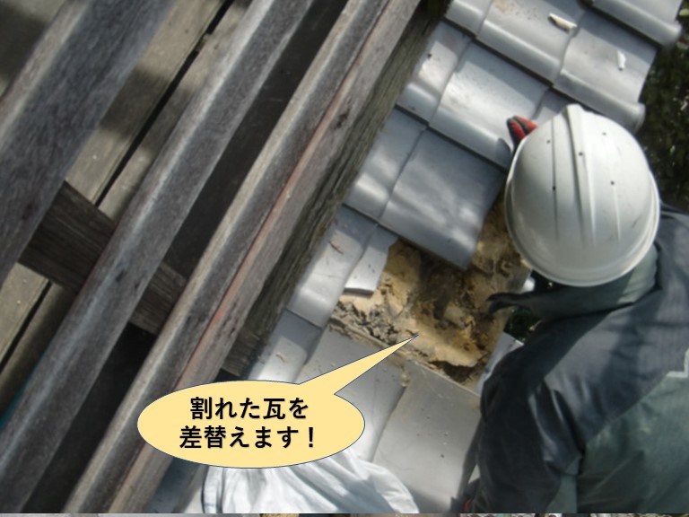 貝塚市の割れた瓦を差替えます