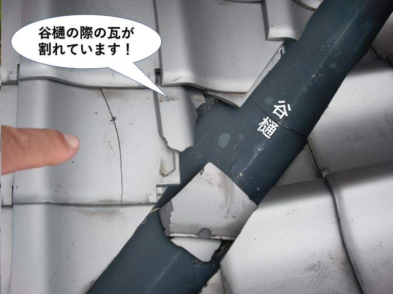 熊取町の谷樋の際の瓦が割れています