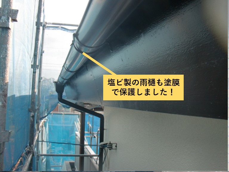 貝塚市の塩ビ製の雨樋も塗膜で保護しました