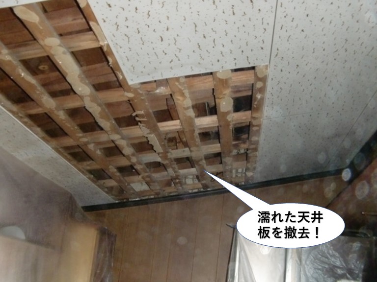 岸和田市の濡れた天井板を撤去