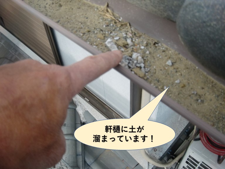 阪南市の軒樋に土が溜まっています