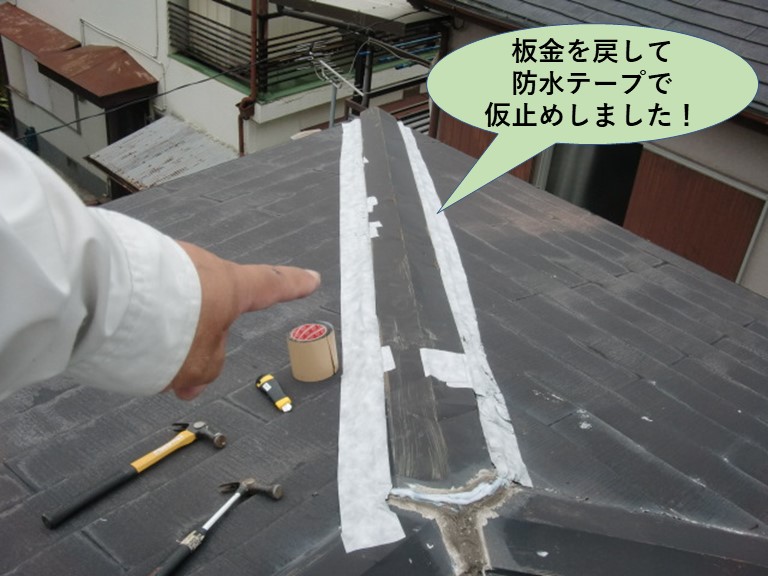 泉大津市の棟の板金を戻して防水テープで仮止めしました
