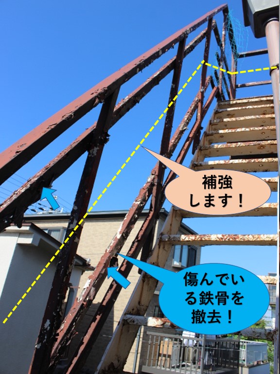 岸和田市の鉄骨階段の傷んでいる鉄骨を撤去して補強