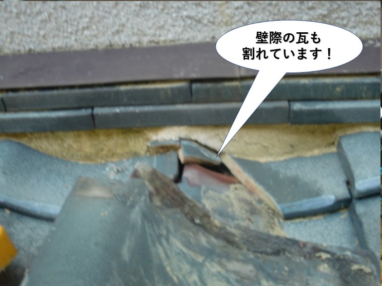泉佐野市の壁際の瓦も割れています