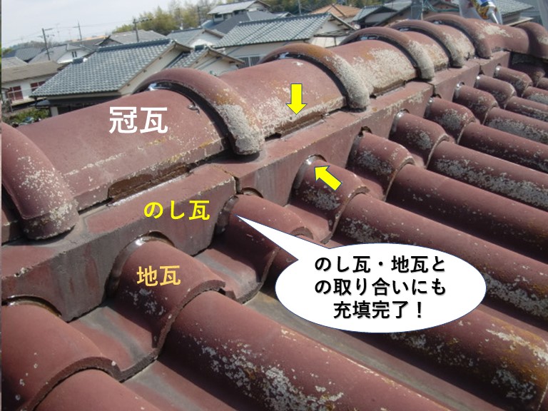 熊取町ののし瓦・地瓦の取り合いにもシーリング充填