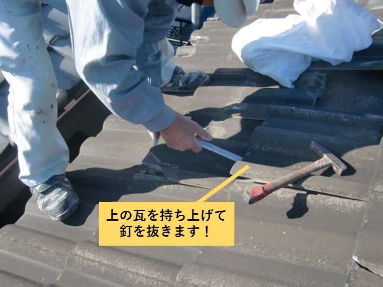 和泉市の上の瓦を持ち上げて釘を抜きます！