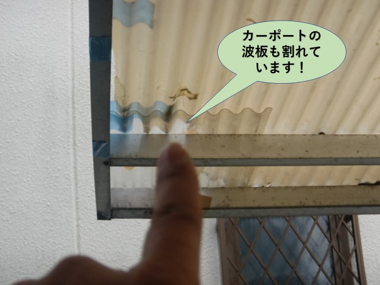 泉南市のカーポートの波板も割れています