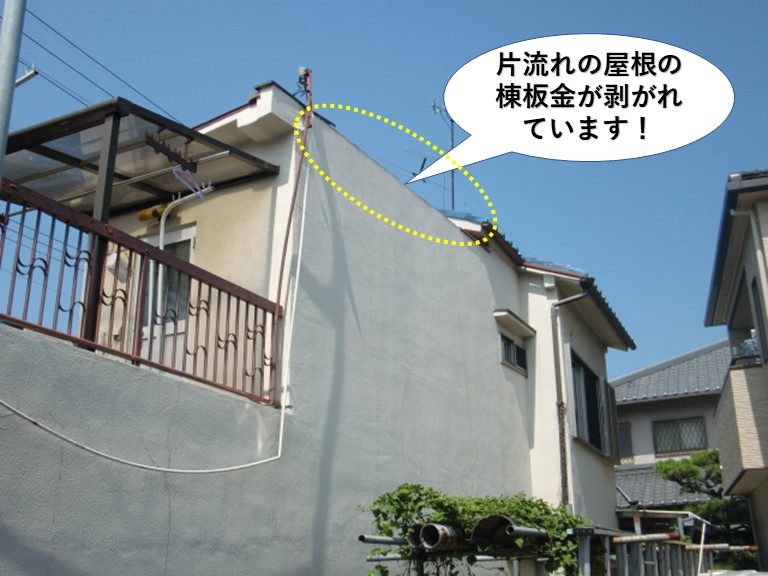 岸和田市の片流れの屋根の棟板金が飛散