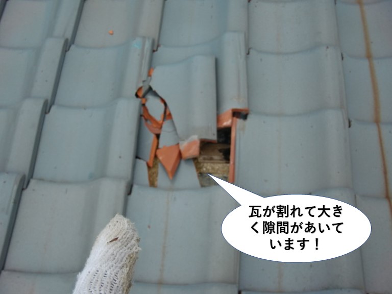 和泉市の屋根の瓦が割れて隙間があいています