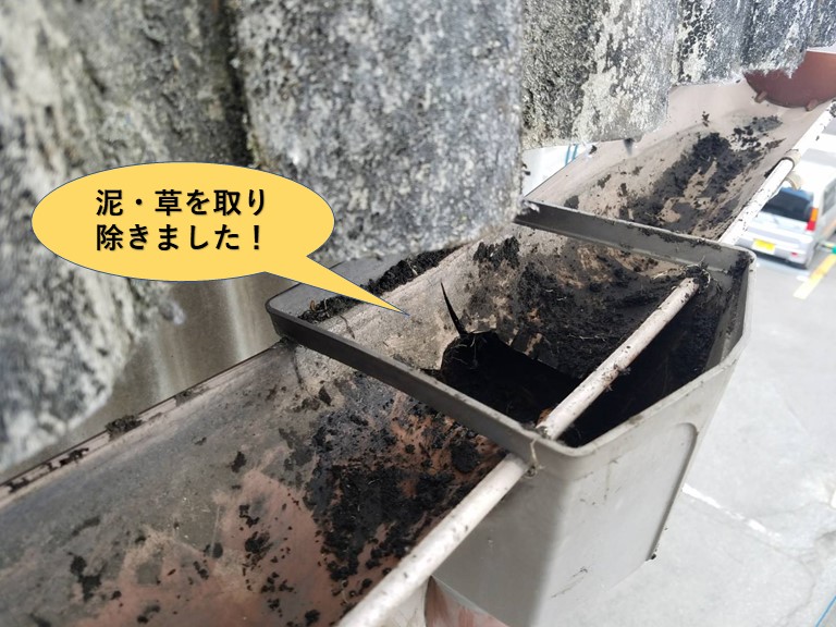 和泉市の工場の雨樋に泥・草を取り除きました