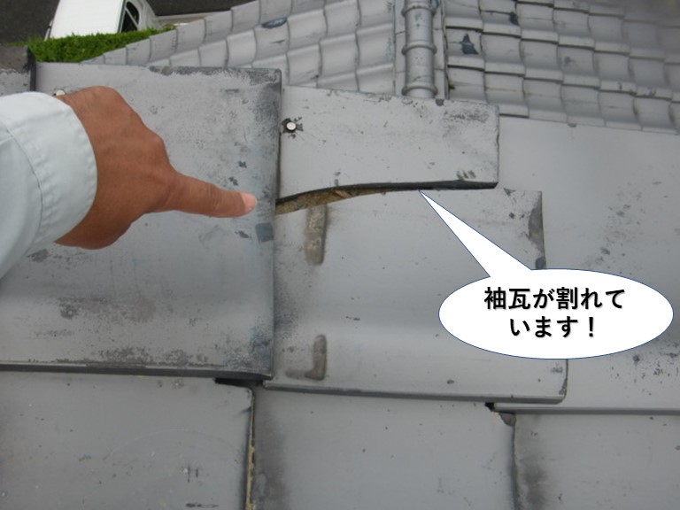 岸和田市の袖瓦が割れています