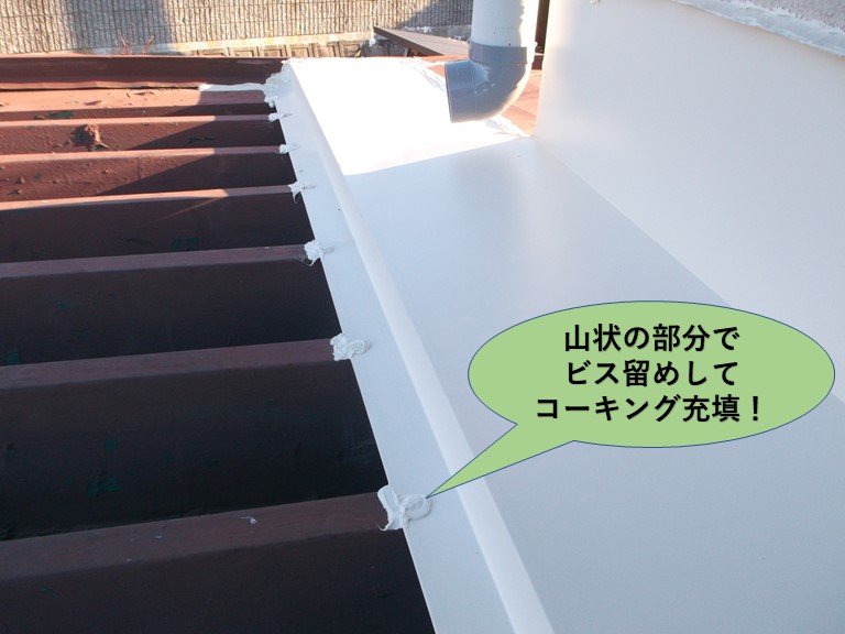 泉南郡岬町折板屋根の山状の部分でビス留めしてコーキング充填