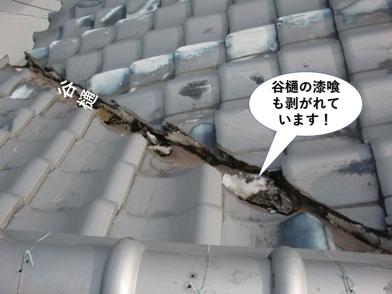 貝塚市の谷樋の漆喰が剥がれています