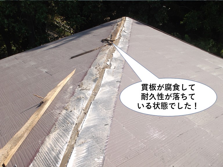 岸和田市の棟の貫板が腐食して耐久性が落ちている状態でした