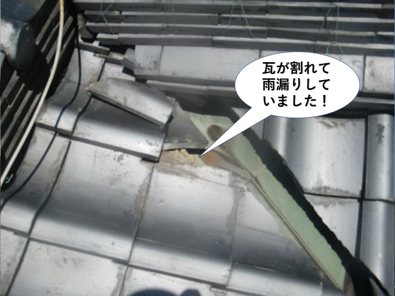 泉佐野市の谷樋の際の瓦が割れて雨漏りしていました