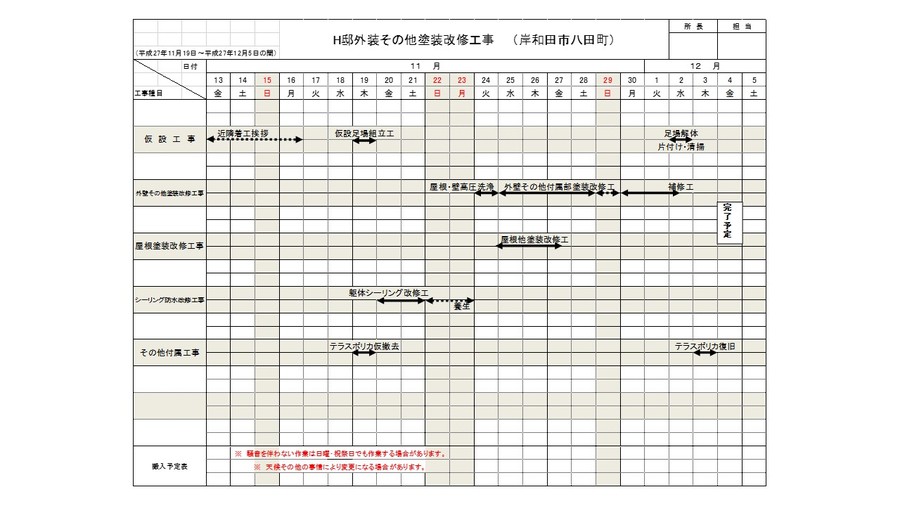 岸和田市八田町の外壁・屋根塗装工程表