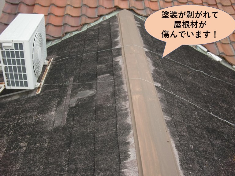 岸和田市の増築部の屋根が塗装が剥がれて屋根材が傷んでいます