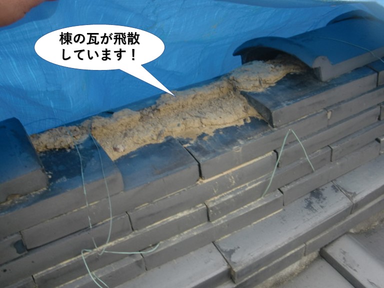 熊取町の棟の瓦が飛散しています