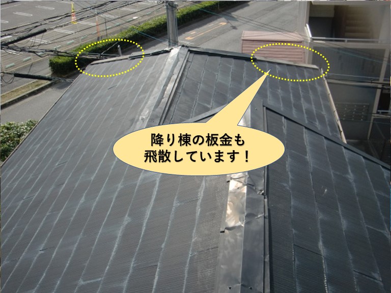 和泉市の下屋の降り棟の板金も飛散しています