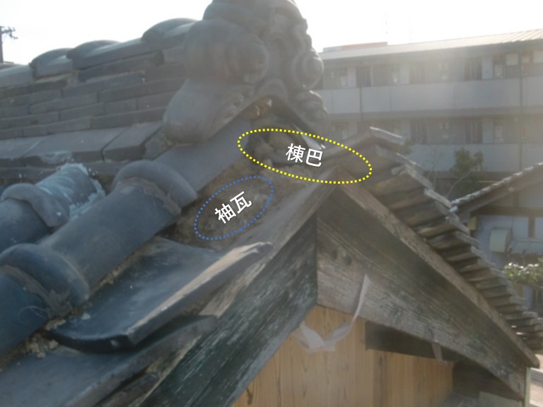 和泉市の棟巴と袖瓦飛散