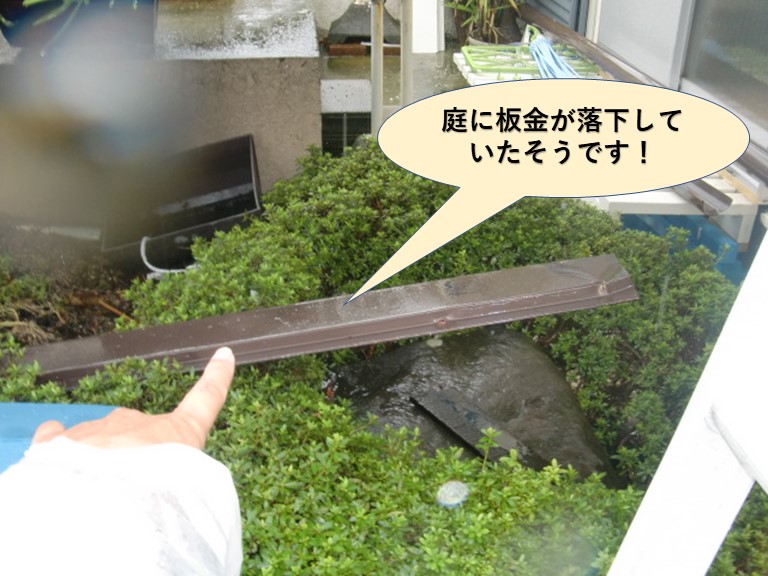 岸和田市の庭に板金が落下していたそうです