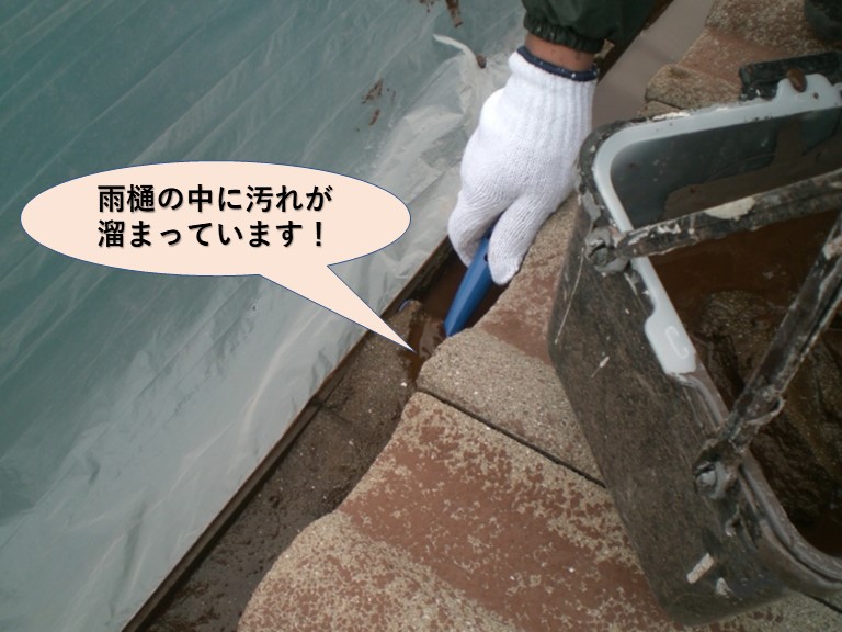 岸和田市の洗浄で雨樋の中に汚れが溜まっています