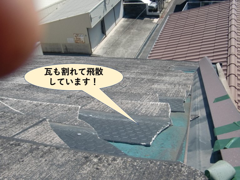 泉大津市の瓦も割れて飛散しています