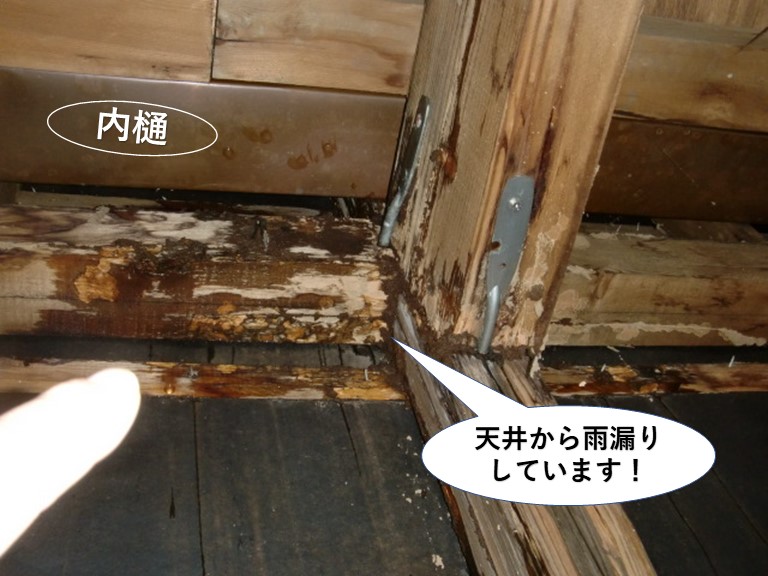 堺市のガレージ内部の天井から雨漏りしています