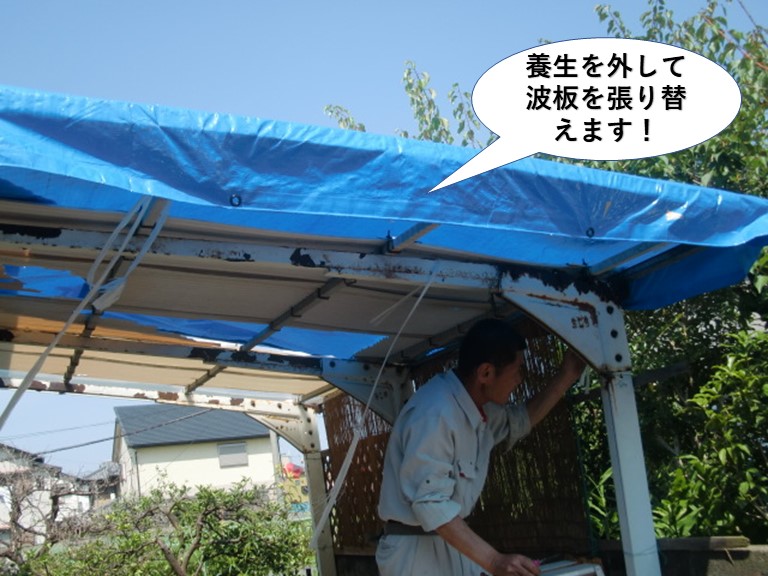 忠岡町のカーポートの養生を外して波板を張り替えます