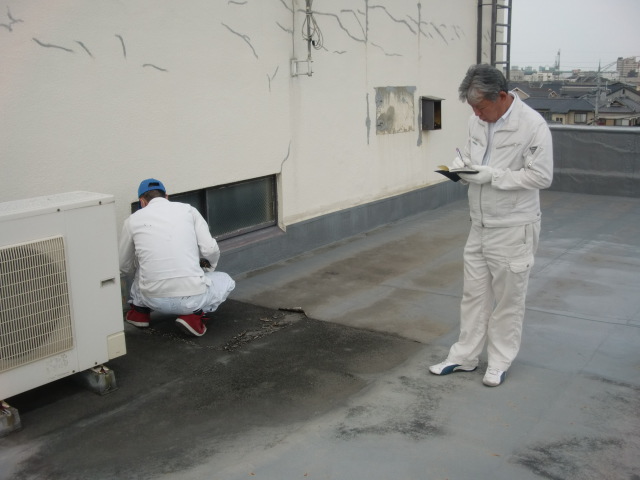 岸和田市の倉庫の雨漏り現地調査中