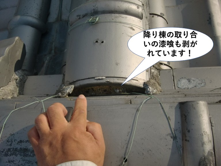 泉北郡忠岡町の降り棟の取り合いの漆喰も剥がれています