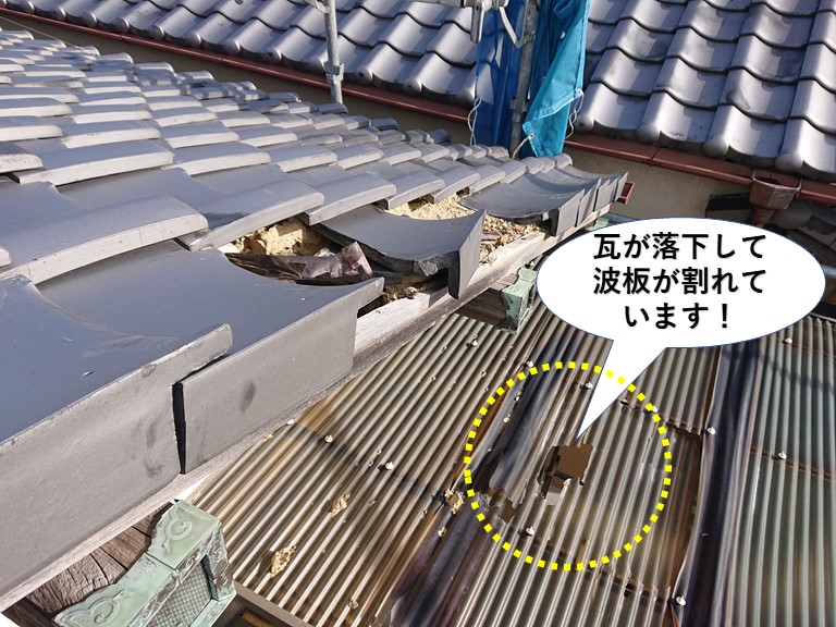 泉南市の瓦が落下して波板が割れています