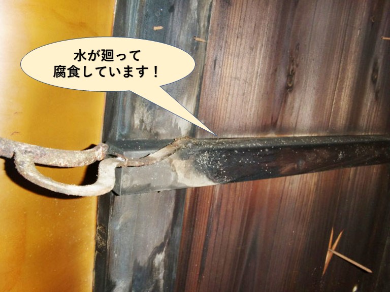 岸和田市の谷樋の下に水が廻って木部が腐食しています