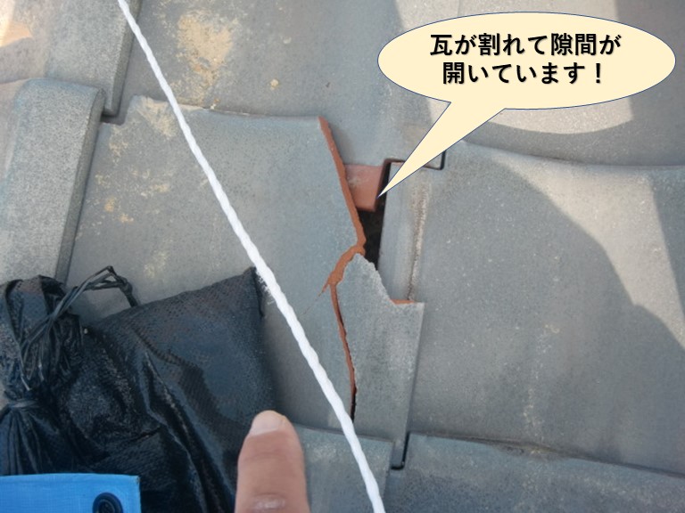 阪南市の瓦が割れて隙間が開いています