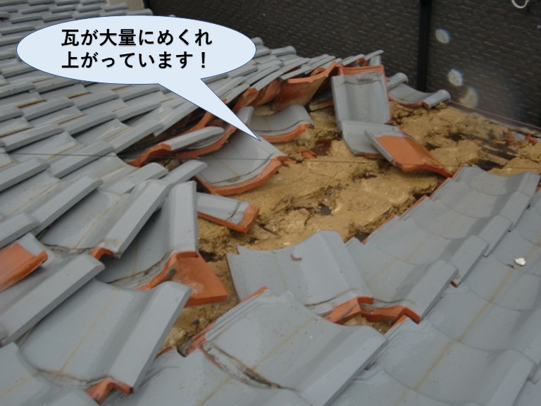 泉佐野市の瓦が大量にめくれ上がっています
