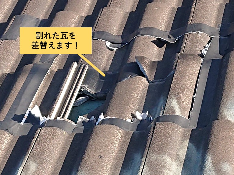 和泉市の割れた瓦を差替えます
