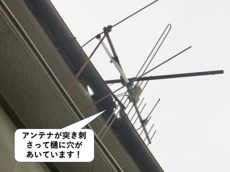 岸和田市のアンテナが突き刺さって樋に穴があいています