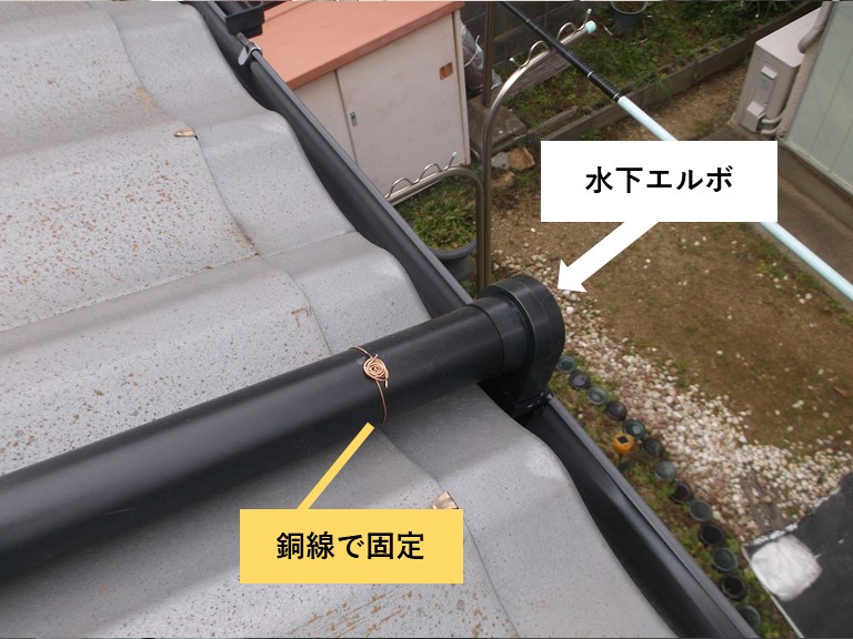 岸和田市の這樋の先端に水下エルボを取付け