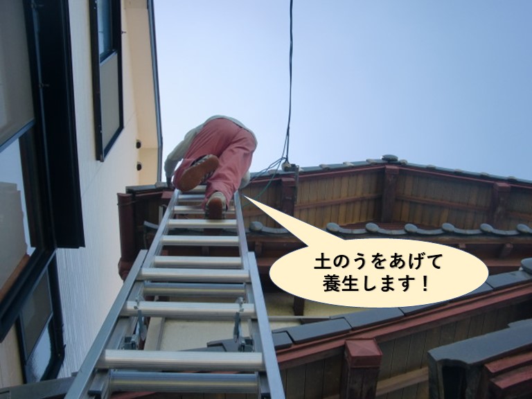 和泉市で土のうをあげて養生します